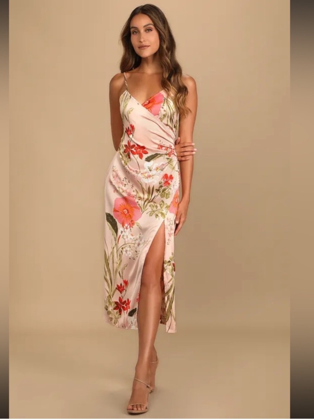 Lulu's Remarkable Entrance Pink Floral Satin Midi Slip Dress with Side Slit